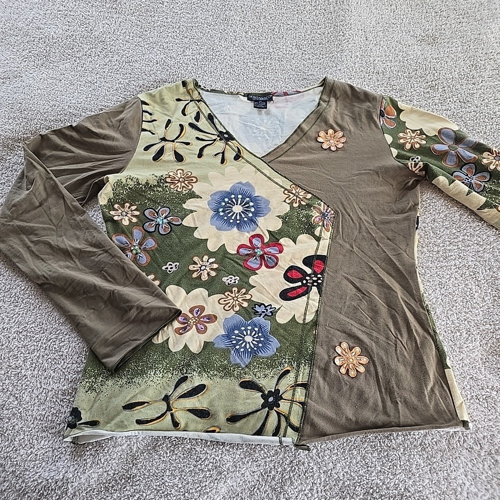 Montana Co Long Sleeve V-neck Shirt Floral Beaded Sequin Boho Hippie Peasant XL
